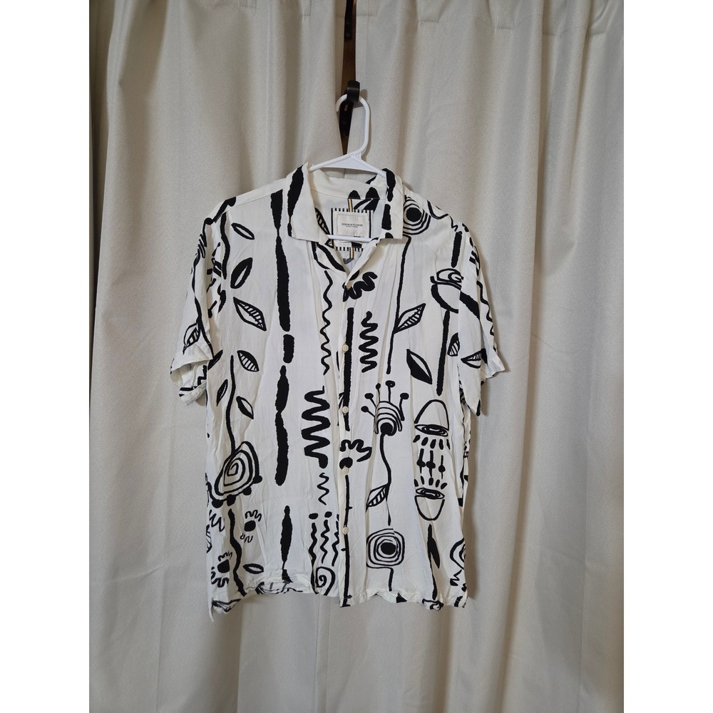 Denim & Flower Ricky Singh Mens Large White Black Abstract Floral Viscose Shirt